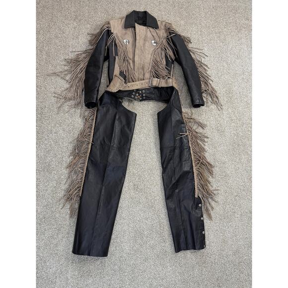 Unik Jackets & Blazers - VTG UNIK Jacket Womens Medium Black Tan Leather Fringe Western Motorcycle Chaps